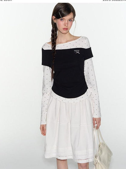 NAPSNAPS Black Polka Dot Asymmetric Spliced Embroidered Women&