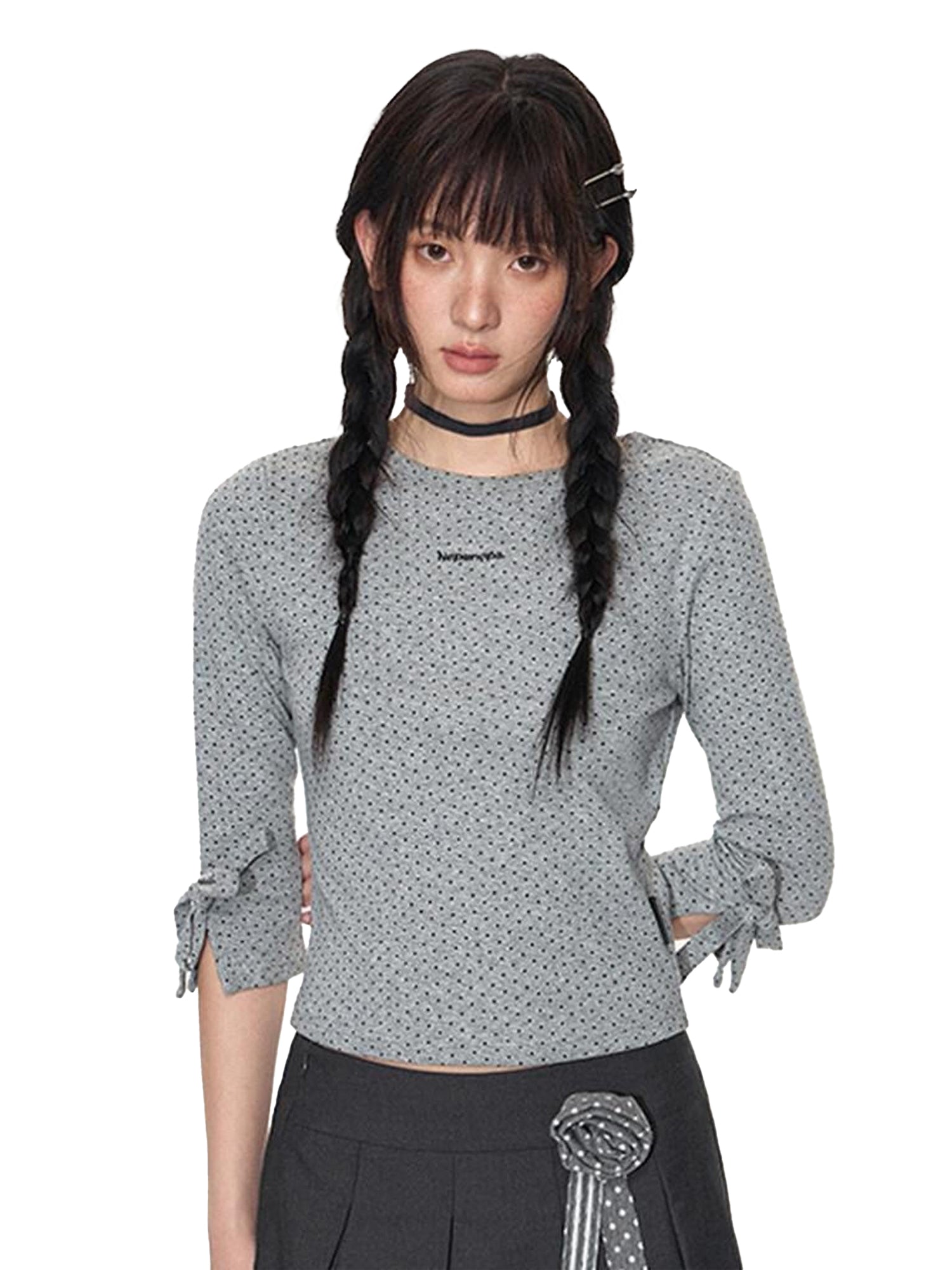 NAPSNAPS Black White Polka Dot Embroidered Bow Slim Women&