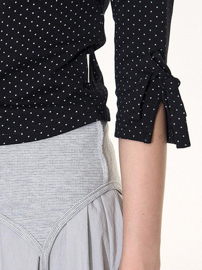 NAPSNAPS Black White Polka Dot Embroidered Bow Slim Women&