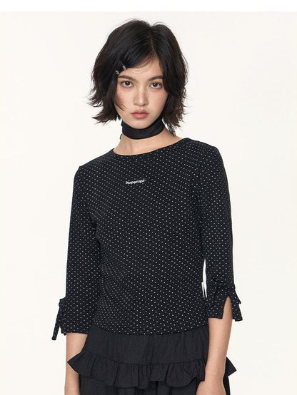 NAPSNAPS Black White Polka Dot Embroidered Bow Slim Women&