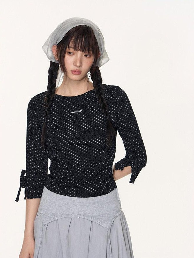 NAPSNAPS Black White Polka Dot Embroidered Bow Slim Women&