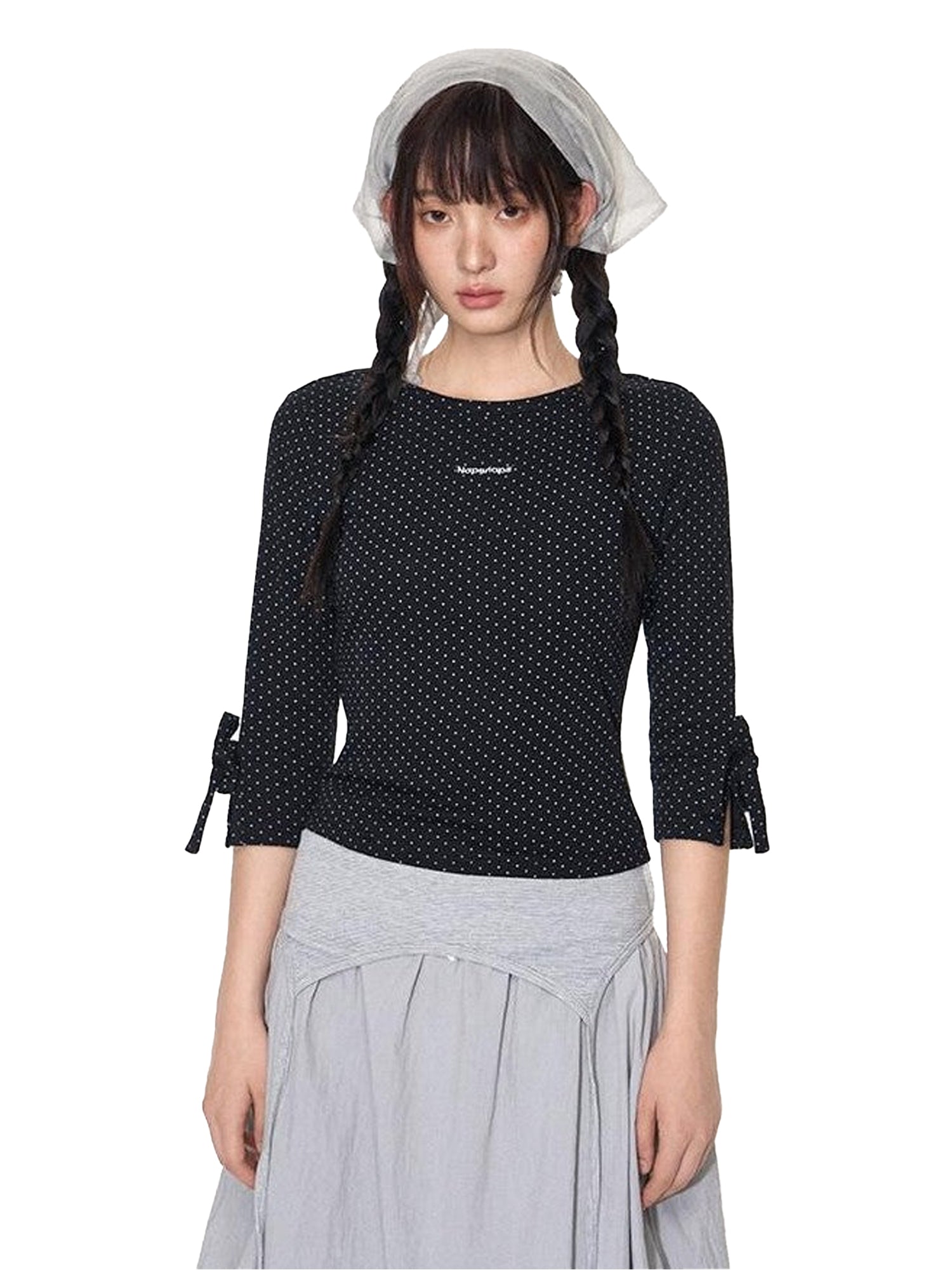 NAPSNAPS Black White Polka Dot Embroidered Bow Slim Women&