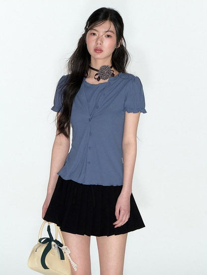 NAPSNAPS Blue Embroidered Puff Sleeve Women&
