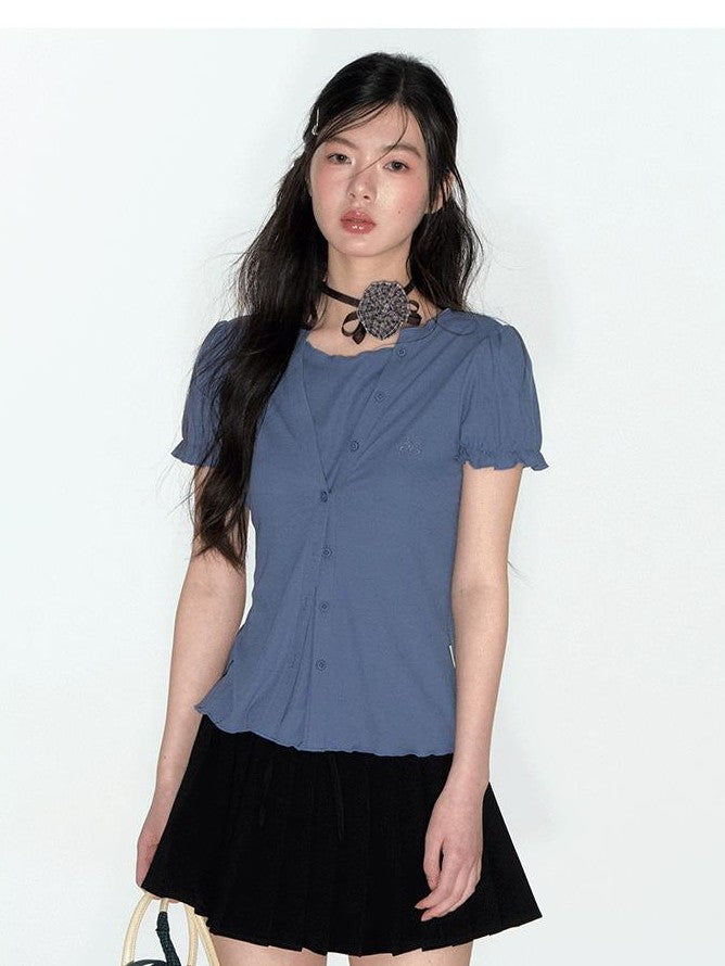 NAPSNAPS Blue Embroidered Puff Sleeve Women&