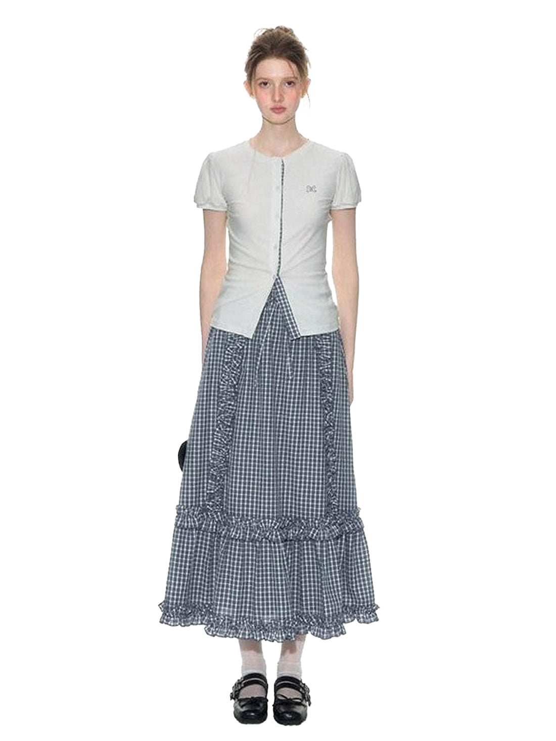 NAPSNAPS Blue Gingham Patchwork Embroidered Ruffle Slim Women&