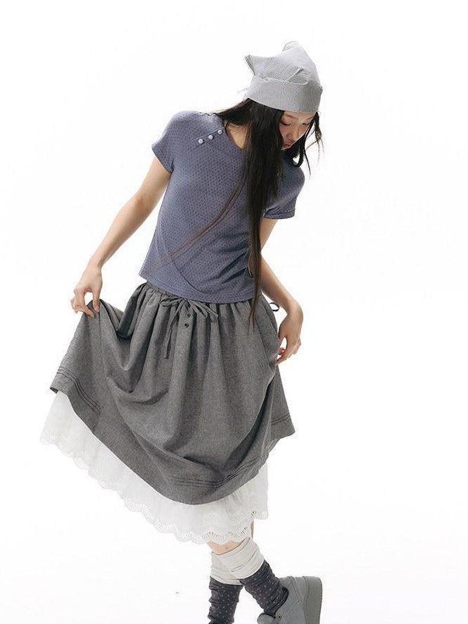NAPSNAPS Blue Gray Patchwork Raglan Button Knit Women&