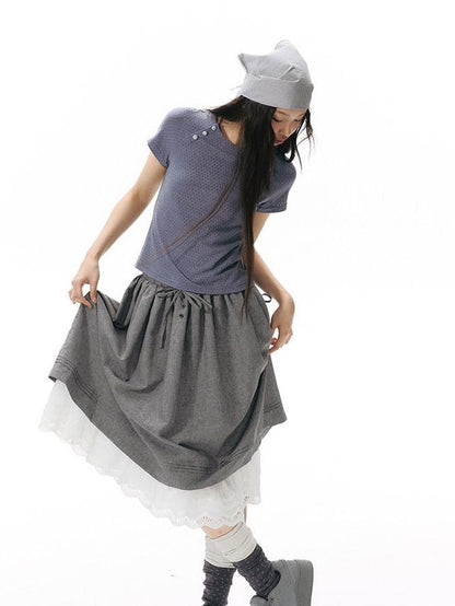 NAPSNAPS Blue Gray Patchwork Raglan Button Knit Women&