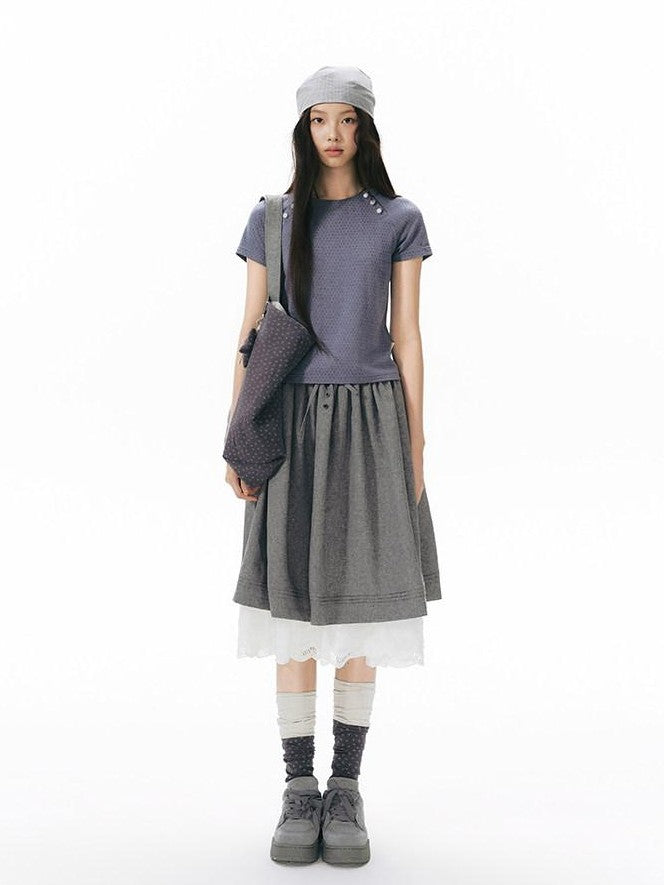 NAPSNAPS Blue Gray Patchwork Raglan Button Knit Women&