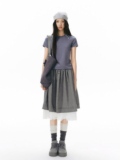 NAPSNAPS Blue Gray Patchwork Raglan Button Knit Women&