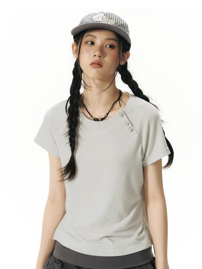 NAPSNAPS Blue Gray Patchwork Raglan Button Knit Women&