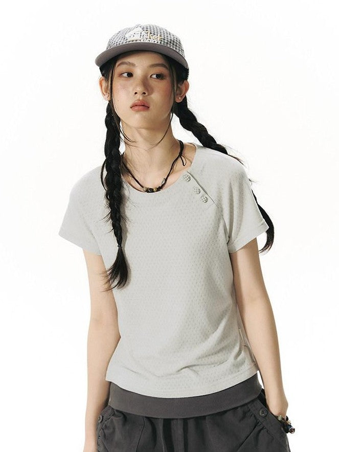 NAPSNAPS Blue Gray Patchwork Raglan Button Knit Women&