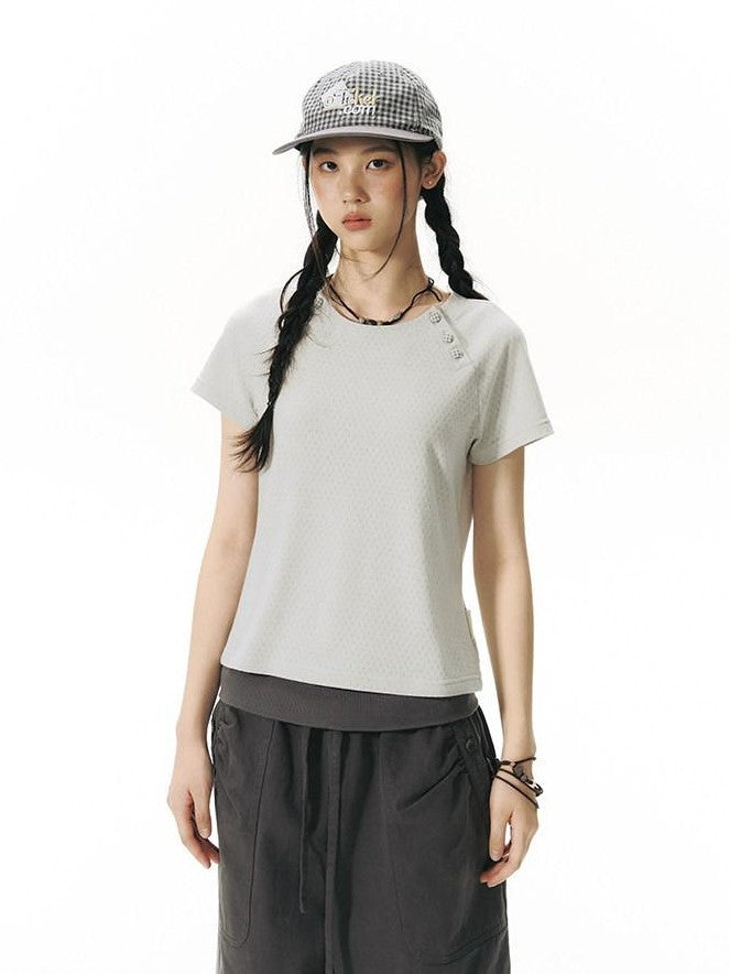 NAPSNAPS Blue Gray Patchwork Raglan Button Knit Women&
