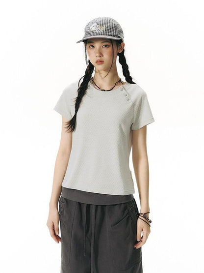 NAPSNAPS Blue Gray Patchwork Raglan Button Knit Women&