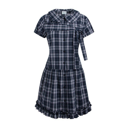 NAPSNAPS_Blue_Plaid_Doll_Collar_Tie_High_Waist_A_Line_Women&