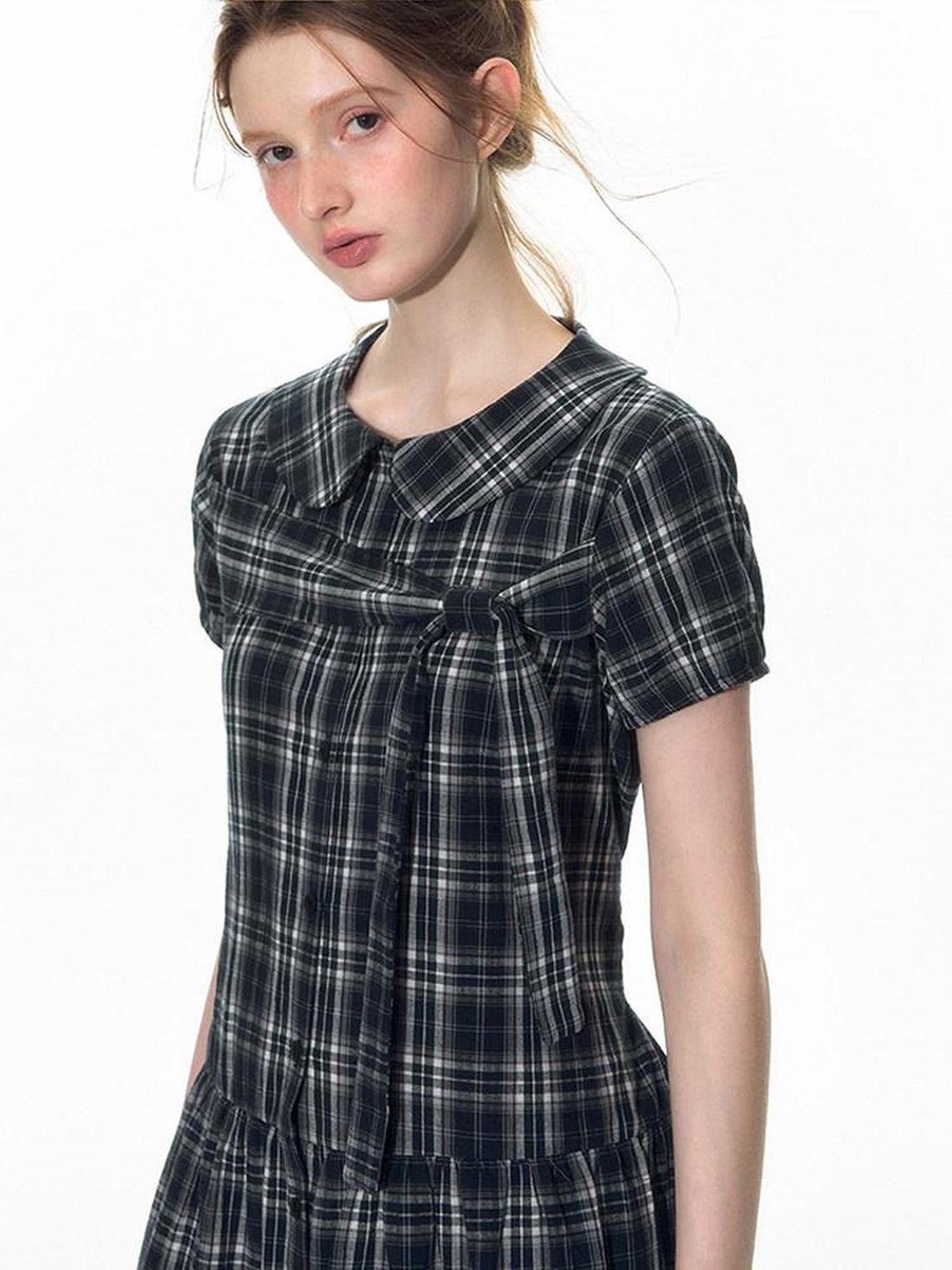 NAPSNAPS Blue Plaid Doll Collar Tie High Waist A Line Women&