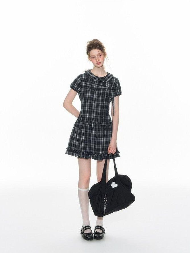 NAPSNAPS Blue Plaid Doll Collar Tie High Waist A Line Women&