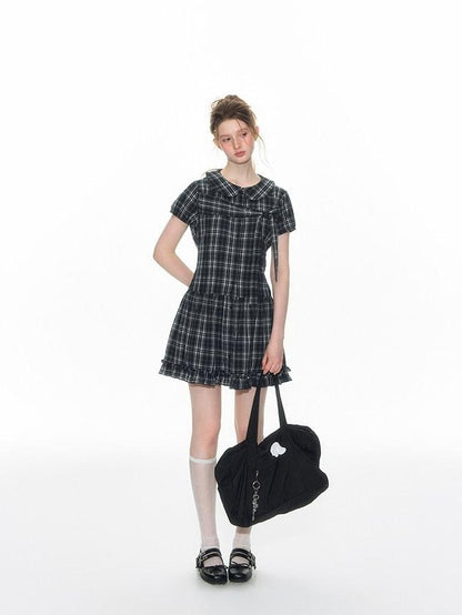 NAPSNAPS Blue Plaid Doll Collar Tie High Waist A Line Women&