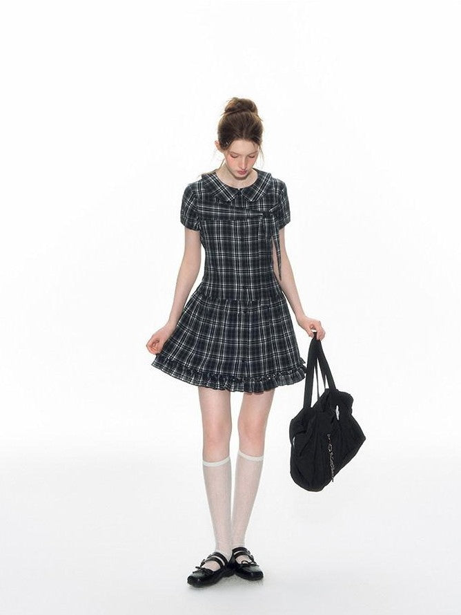 NAPSNAPS Blue Plaid Doll Collar Tie High Waist A Line Women&
