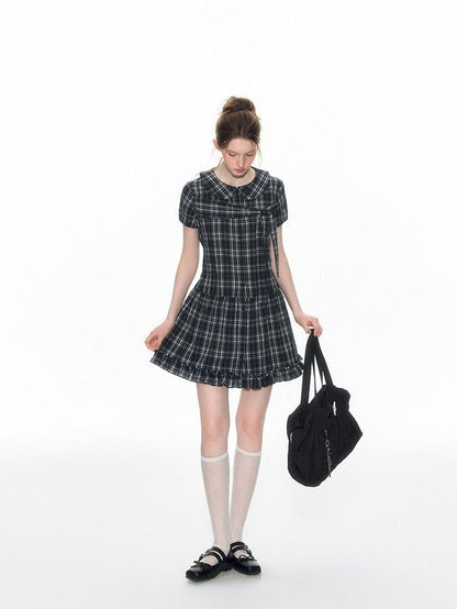 NAPSNAPS Blue Plaid Doll Collar Tie High Waist A Line Women&