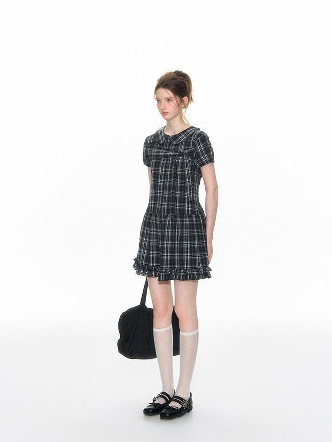 NAPSNAPS Blue Plaid Doll Collar Tie High Waist A Line Women&