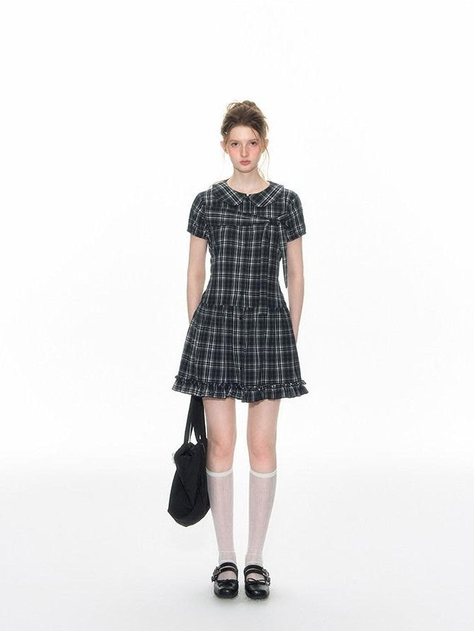 NAPSNAPS Blue Plaid Doll Collar Tie High Waist A Line Women&