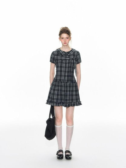 NAPSNAPS Blue Plaid Doll Collar Tie High Waist A Line Women&