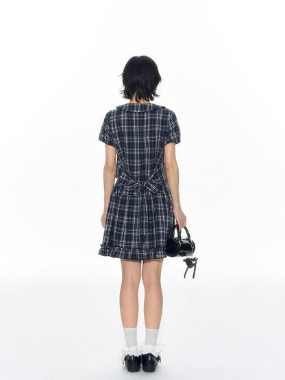 NAPSNAPS Blue Plaid Doll Collar Tie High Waist A Line Women&
