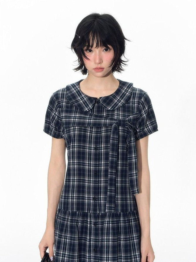 NAPSNAPS Blue Plaid Doll Collar Tie High Waist A Line Women&