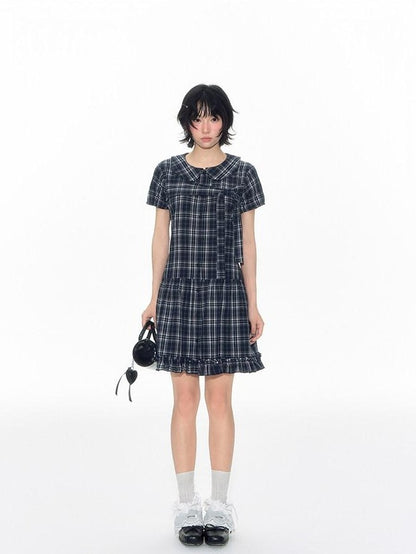 NAPSNAPS Blue Plaid Doll Collar Tie High Waist A Line Women&