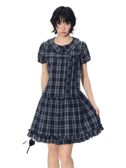 NAPSNAPS Blue Plaid Doll Collar Tie High Waist A Line Women&