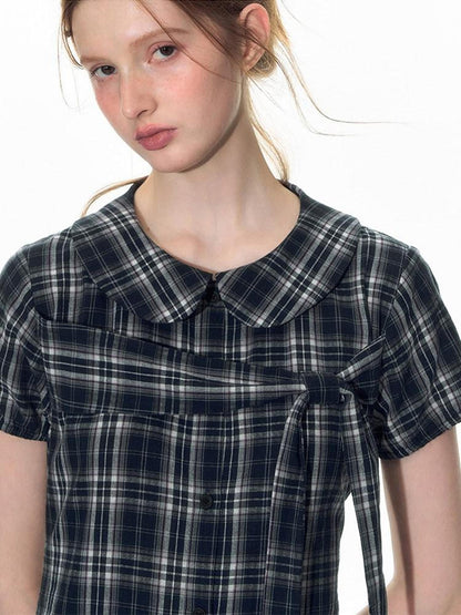 NAPSNAPS Blue Plaid Doll Collar Tie High Waist A Line Women&