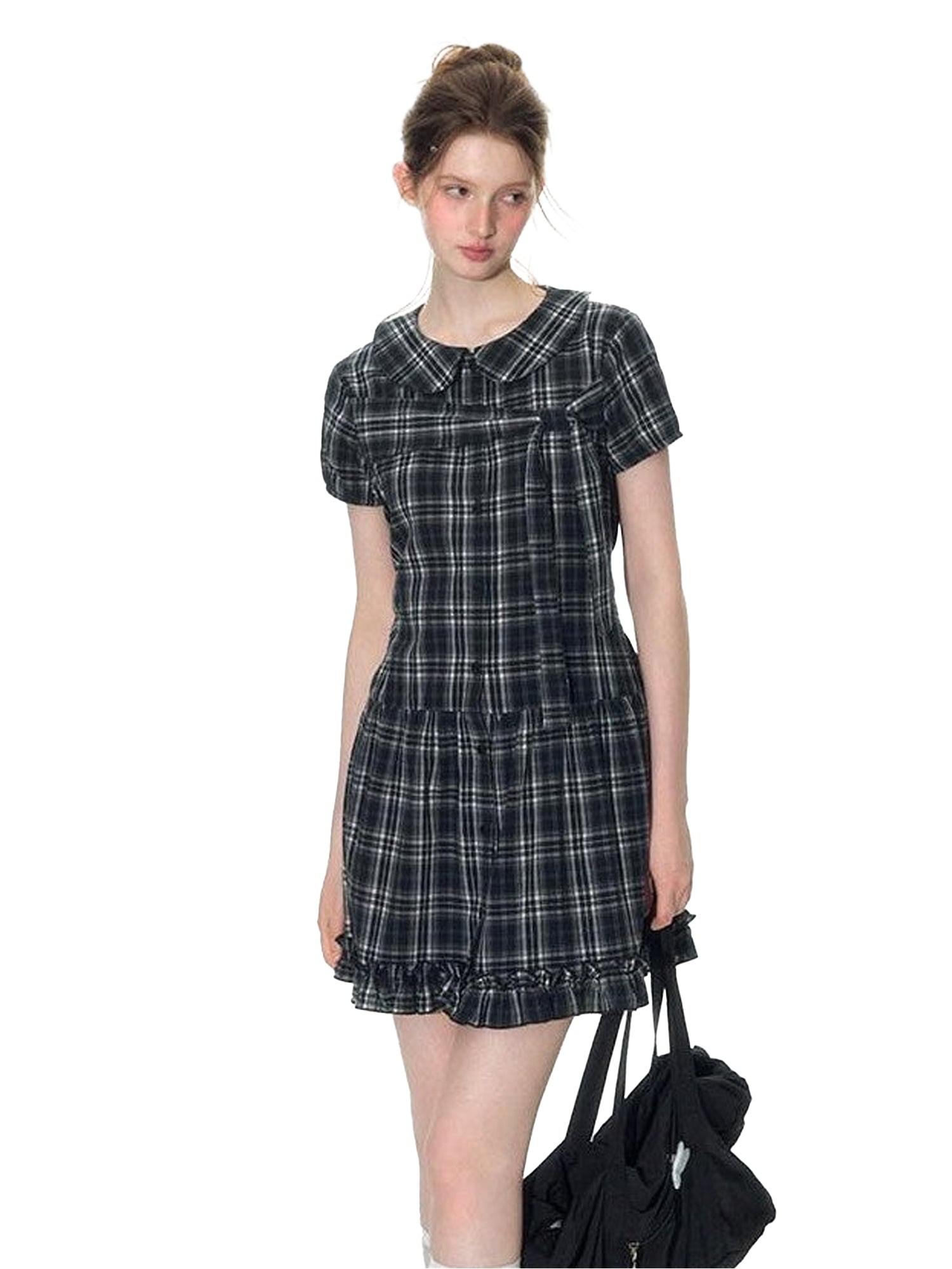 NAPSNAPS Blue Plaid Doll Collar Tie High Waist A Line Women&