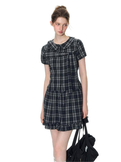 NAPSNAPS Blue Plaid Doll Collar Tie High Waist A Line Women&