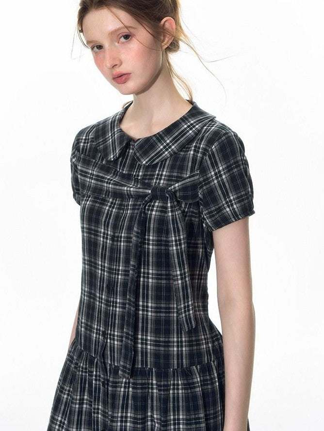 NAPSNAPS Blue Plaid Doll Collar Tie High Waist A Line Women&