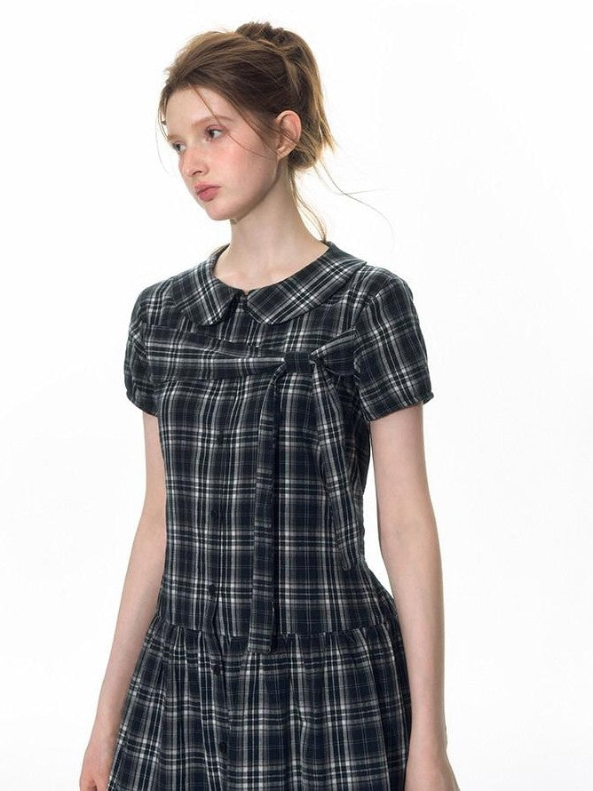 NAPSNAPS Blue Plaid Doll Collar Tie High Waist A Line Women&