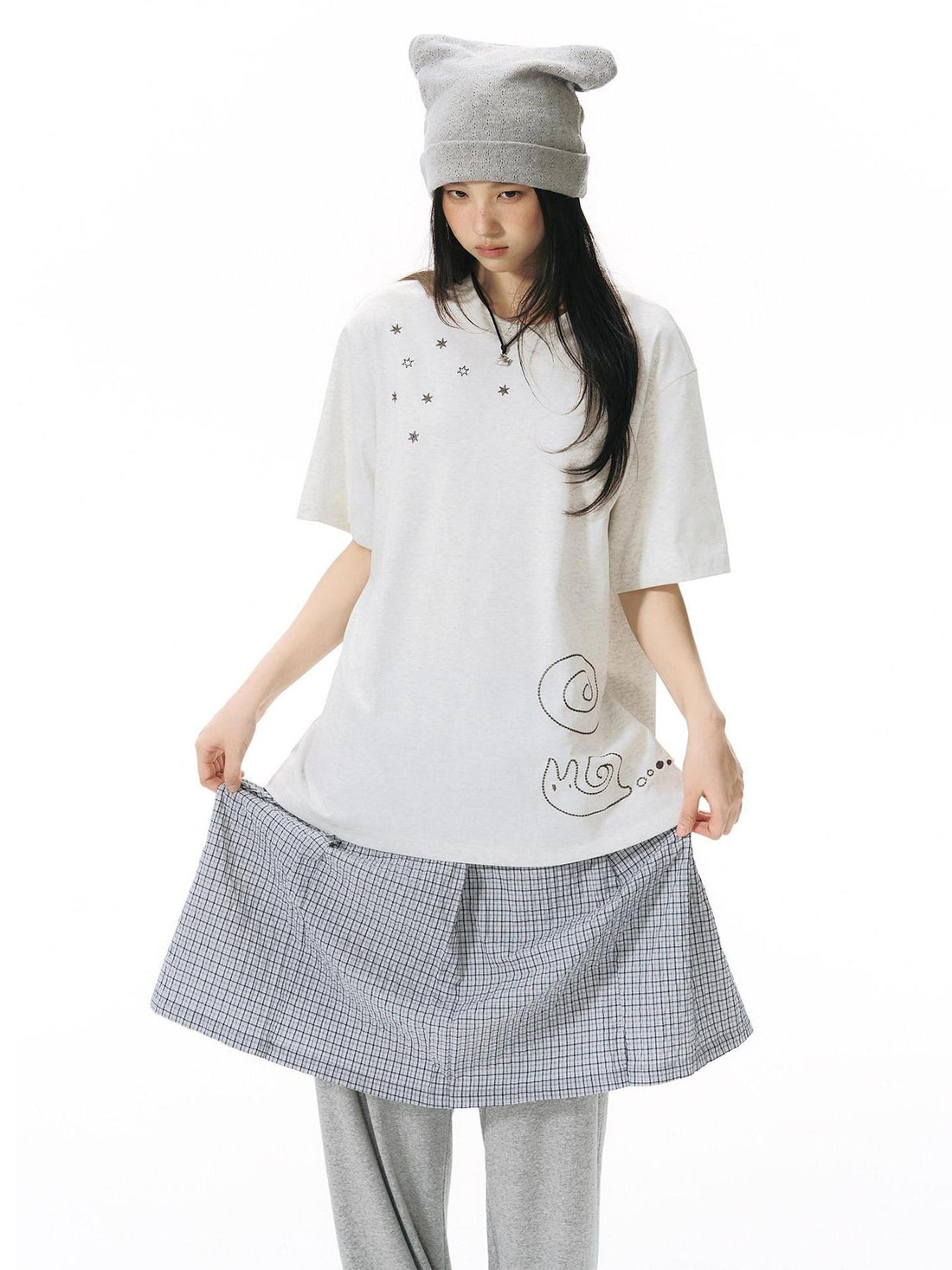 NAPSNAPS Blue White Plaid Patchwork Skirt Overlay Straight Women&