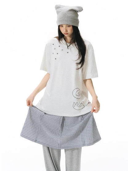 NAPSNAPS Blue White Plaid Patchwork Skirt Overlay Straight Women&