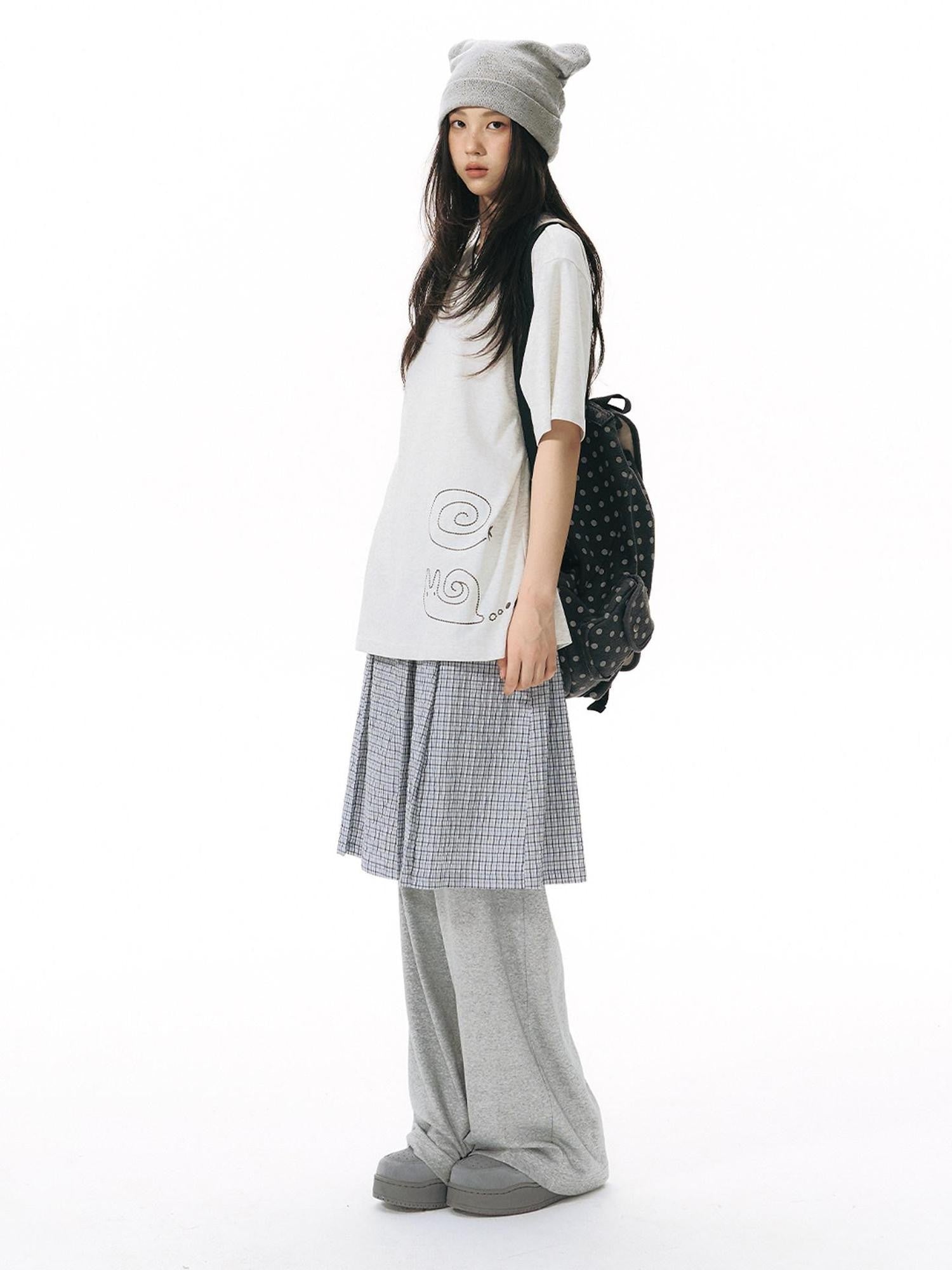 NAPSNAPS Blue White Plaid Patchwork Skirt Overlay Straight Women&