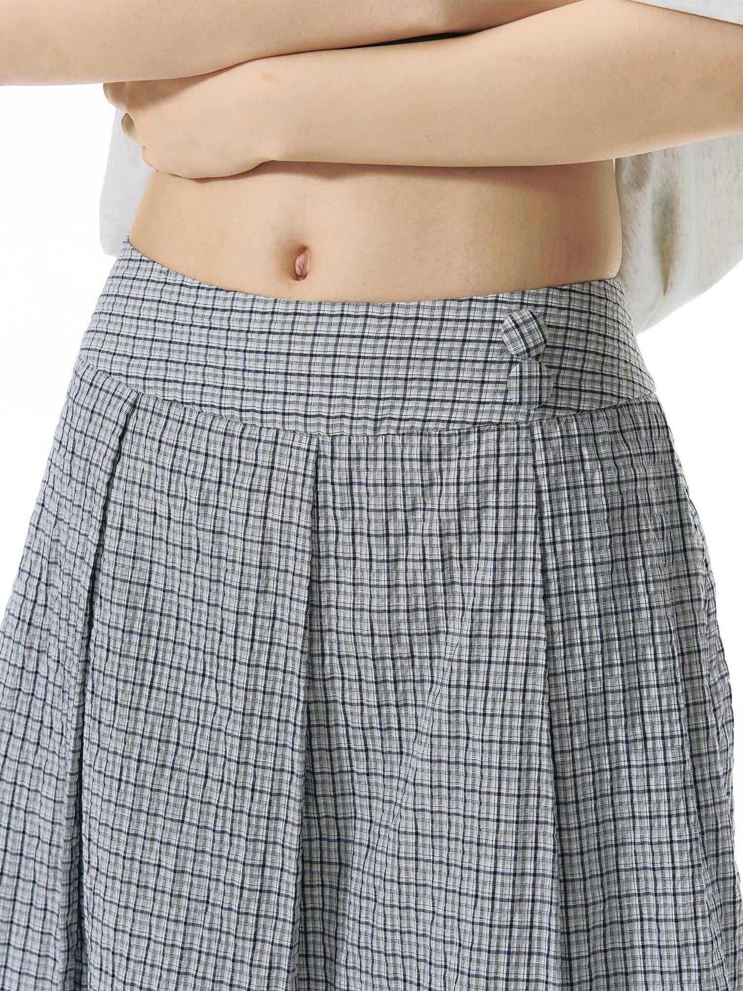 NAPSNAPS Blue White Plaid Patchwork Skirt Overlay Straight Women&