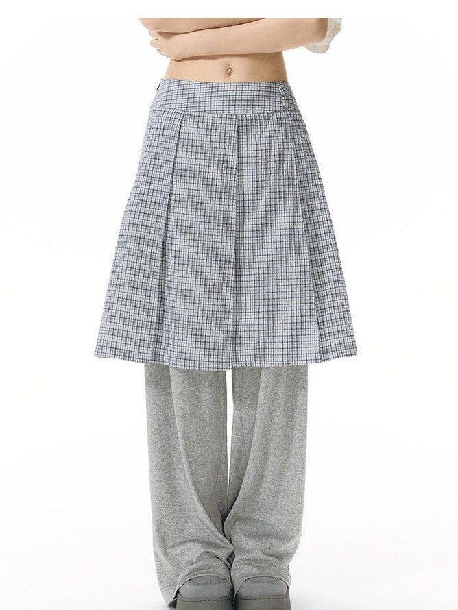 NAPSNAPS Blue White Plaid Patchwork Skirt Overlay Straight Women&