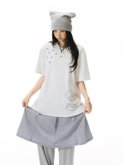 NAPSNAPS Blue White Plaid Patchwork Skirt Overlay Straight Women&