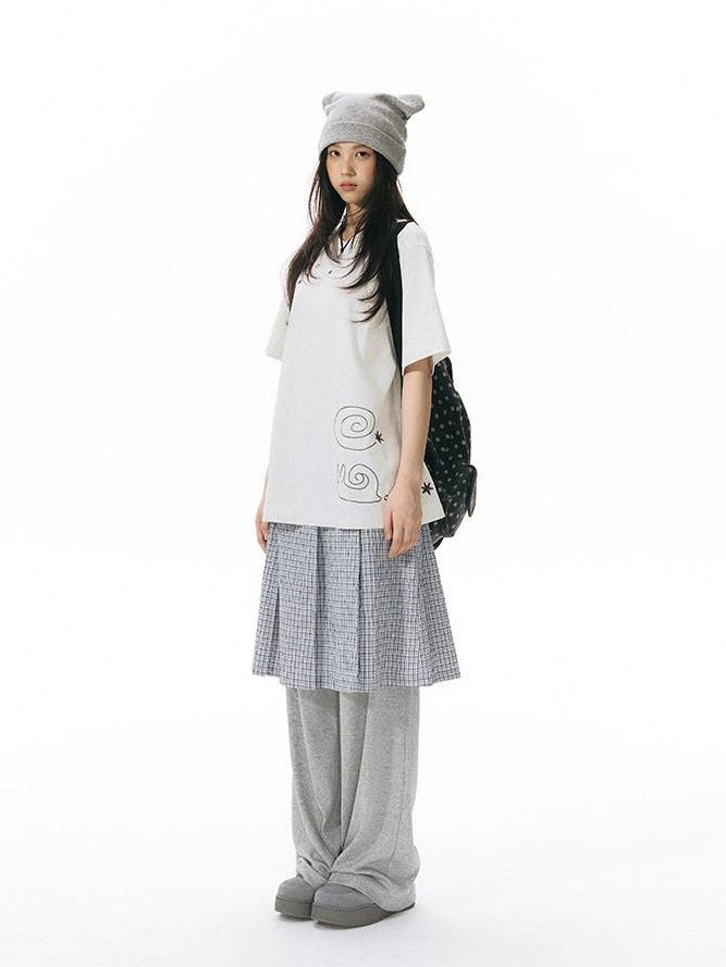 NAPSNAPS Blue White Plaid Patchwork Skirt Overlay Straight Women&