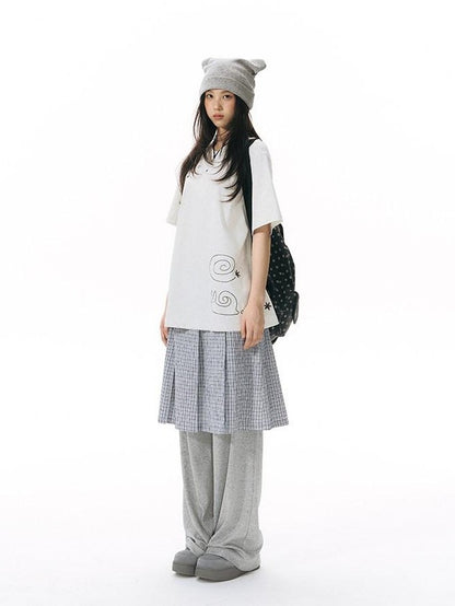 NAPSNAPS Blue White Plaid Patchwork Skirt Overlay Straight Women&