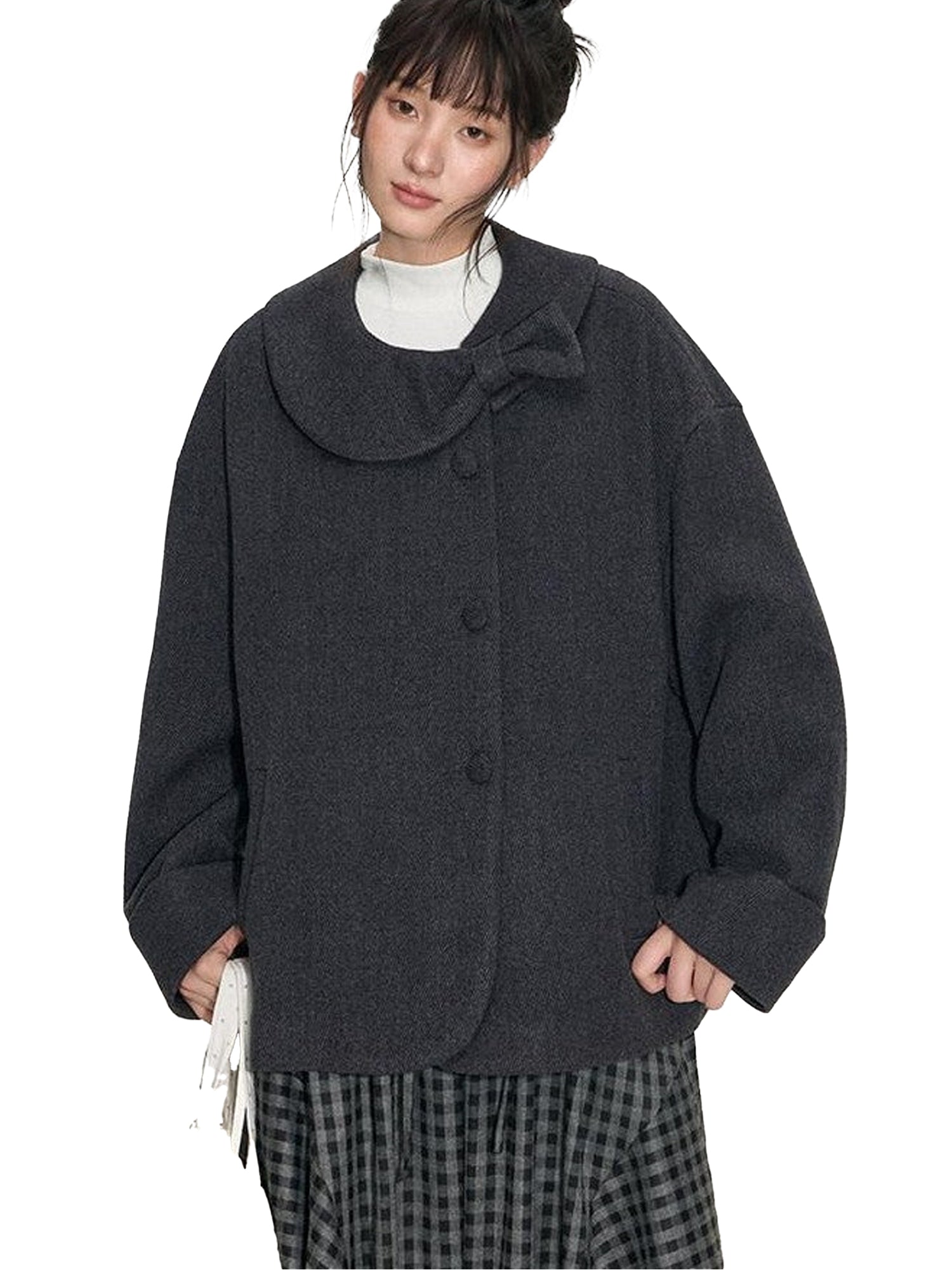 NAPSNAPS Bow Round Collar Asymmetrical Placket Women&