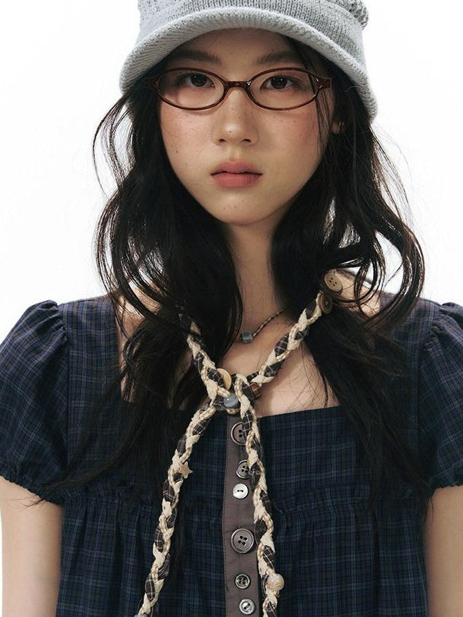 NAPSNAPS Brown Plaid Handwoven Button Handmade Woven Women&
