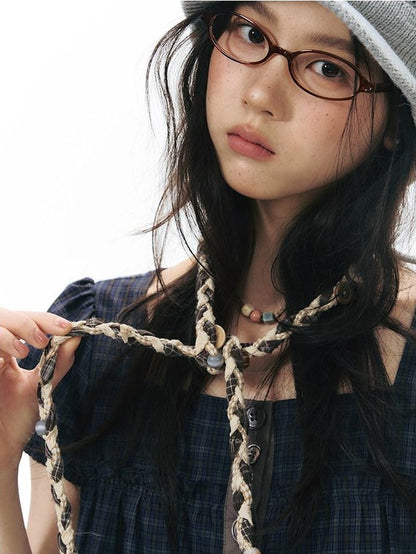 NAPSNAPS Brown Plaid Handwoven Button Handmade Woven Women&