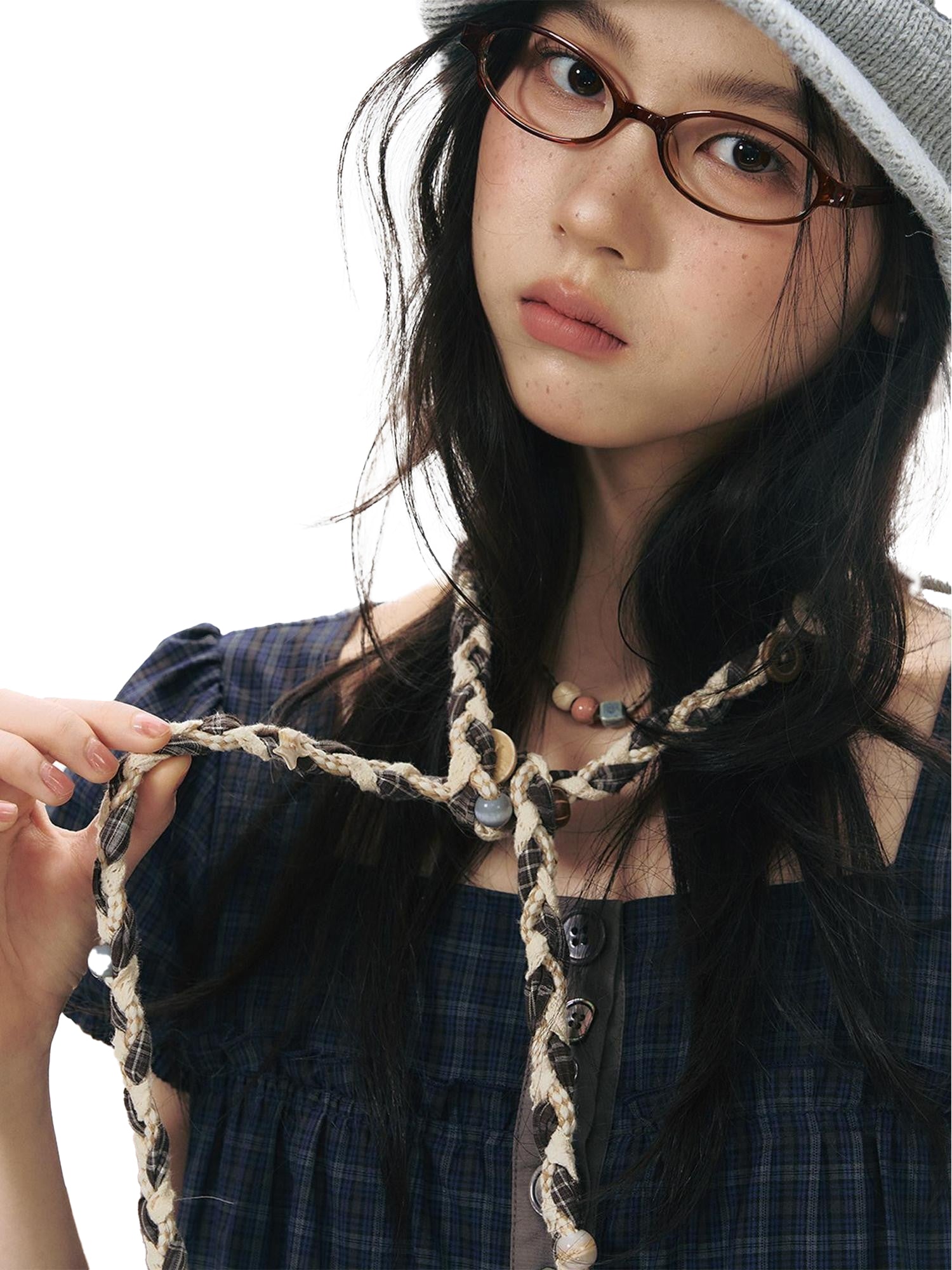 NAPSNAPS Brown Plaid Handwoven Button Handmade Woven Women&
