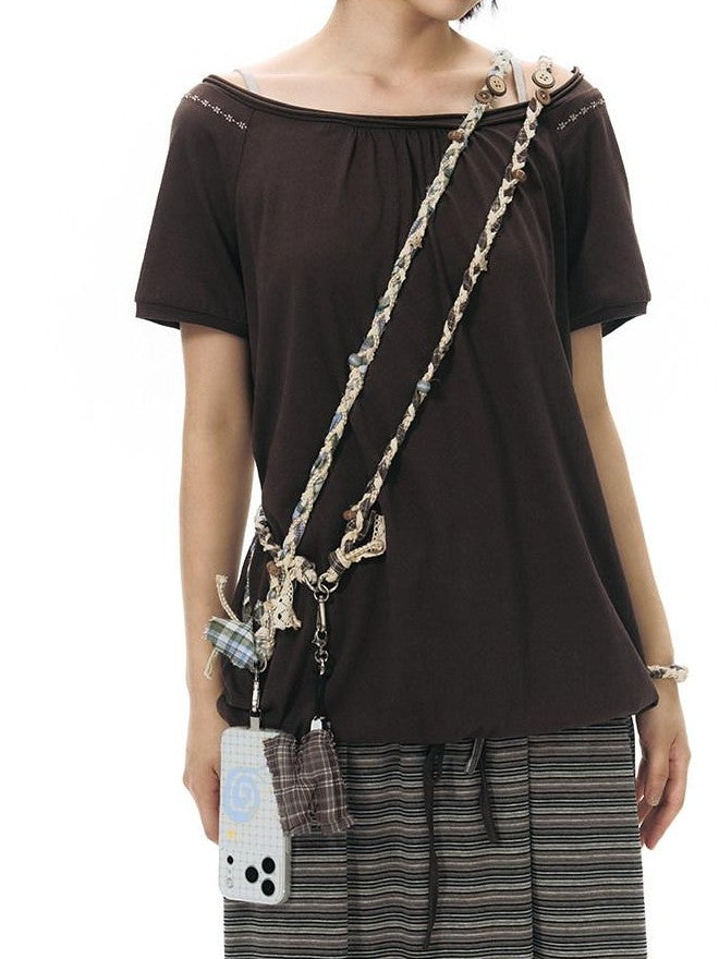 NAPSNAPS Brown Plaid Handwoven Button Handmade Woven Women&