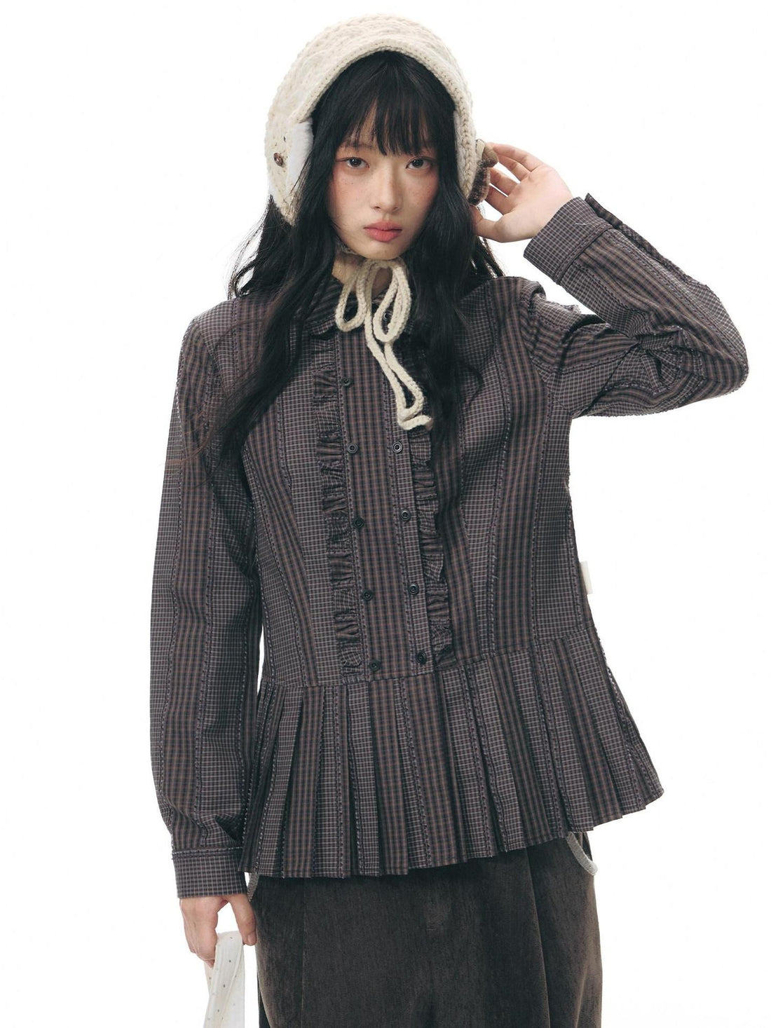 NAPSNAPS Brown Purple Plaid Lettuce Edge Double Placket Women&