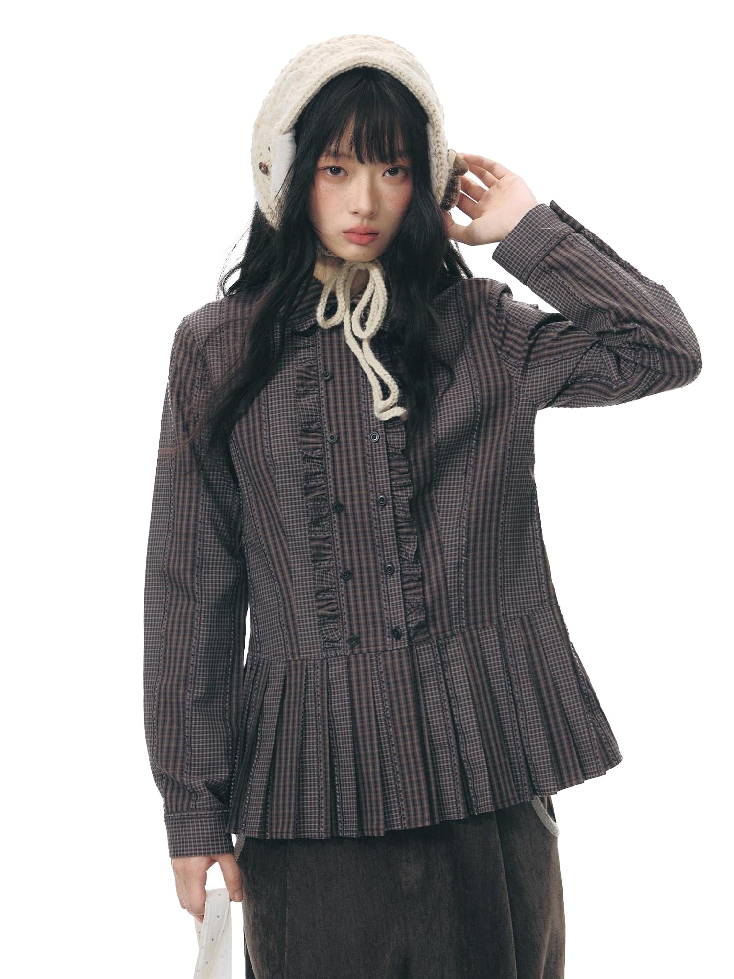 NAPSNAPS Brown Purple Plaid Lettuce Edge Double Placket Women&